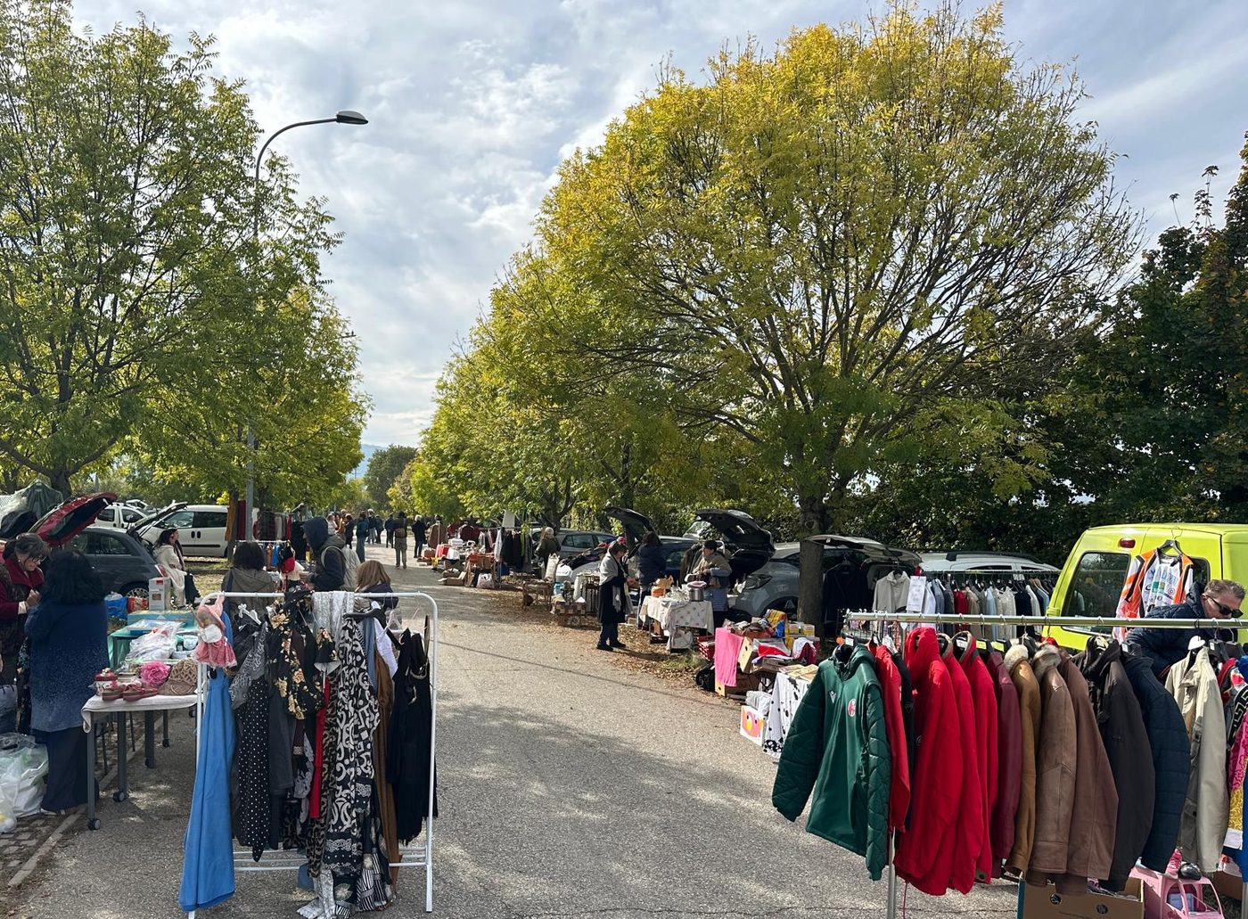 Il viale alberato del parcheggio pieno di bancarelle, stendini e bagagliai aperti