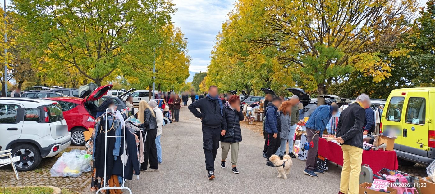 Gente a passeggio lungo il viale, fra i banchi e i bagagliai aperti, con un cagnolino al guinzaglio