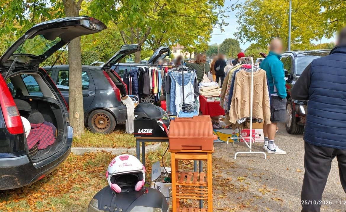 Bagagliai aperti, caschi, un mobiletto e stendini di maglioni sotto gli alberi gialli